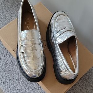 J. Crew Metallic Silver Penny Loafers